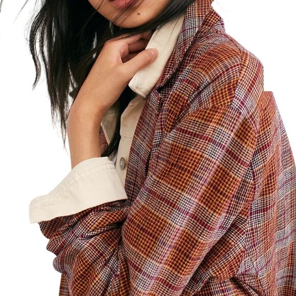 Free People Simply Plaid Relaxed Unstructured Linen Blazer Plaid Pockets Size M - Picture 8 of 12
